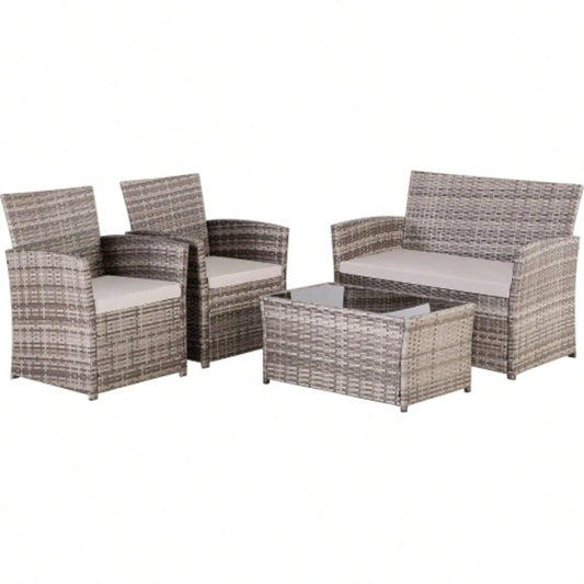 4 Piece Outdoor PE Wicker Furniture Set, Patio Gray Rattan Sectional Sofa Couch with Washable Cushions