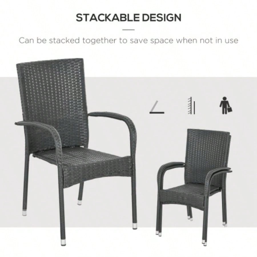 Outsunny Stackable PE Rattan Outdoor Dining Chairs with Cushions, Set of 2 Patio Wicker Dining Chairs with Armrests and Backrest Patio, Deck, White