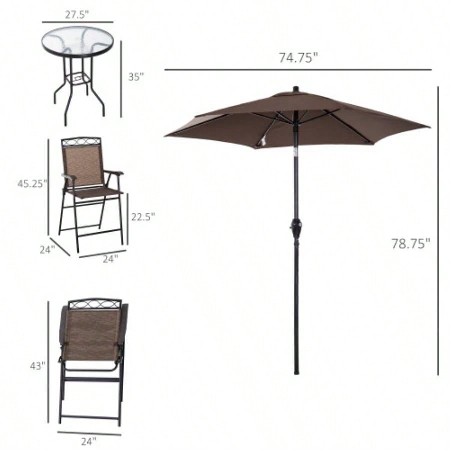 Outsunny 4 Piece Outdoor Patio Dining Furniture Set, 2 Folding Chairs, Adjustable Angle, Wave Textured Tempered Glass Dinner Table, Brown