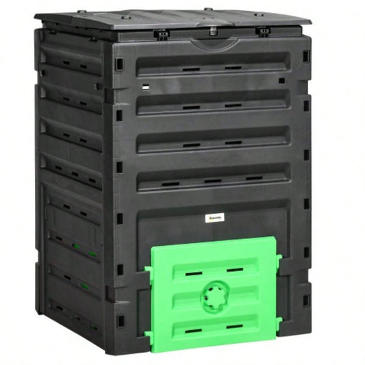 Outsunny Garden Compost Bin, 120 Gallon 450L Garden Composter, with 80 Vents and 2 Sliding Doors, Lightweight Sturdy, Fast Creation of Fertile Soil, Black