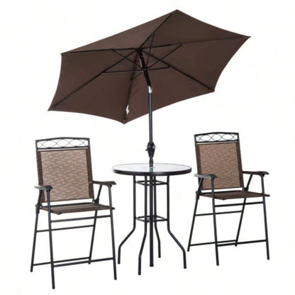 Outsunny 4 Piece Outdoor Patio Dining Furniture Set, 2 Folding Chairs, Adjustable Angle, Wave Textured Tempered Glass Dinner Table, Brown