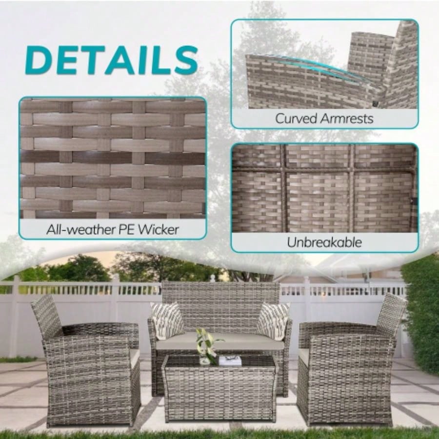 4 Piece Outdoor PE Wicker Furniture Set, Patio Gray Rattan Sectional Sofa Couch with Washable Cushions