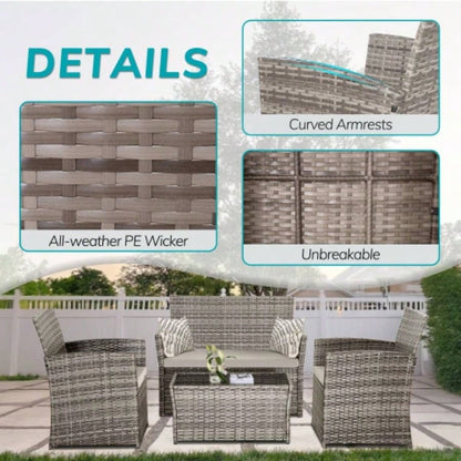 4 Piece Outdoor PE Wicker Furniture Set, Patio Gray Rattan Sectional Sofa Couch with Washable Cushions