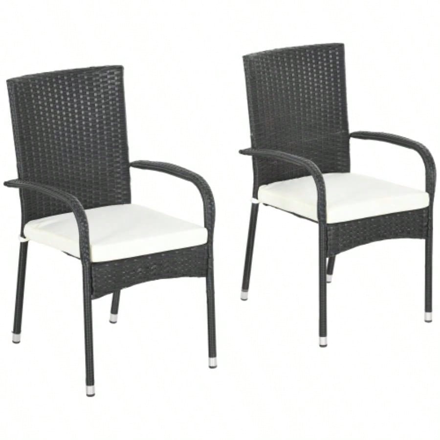 Outsunny Stackable PE Rattan Outdoor Dining Chairs with Cushions, Set of 2 Patio Wicker Dining Chairs with Armrests and Backrest Patio, Deck, White