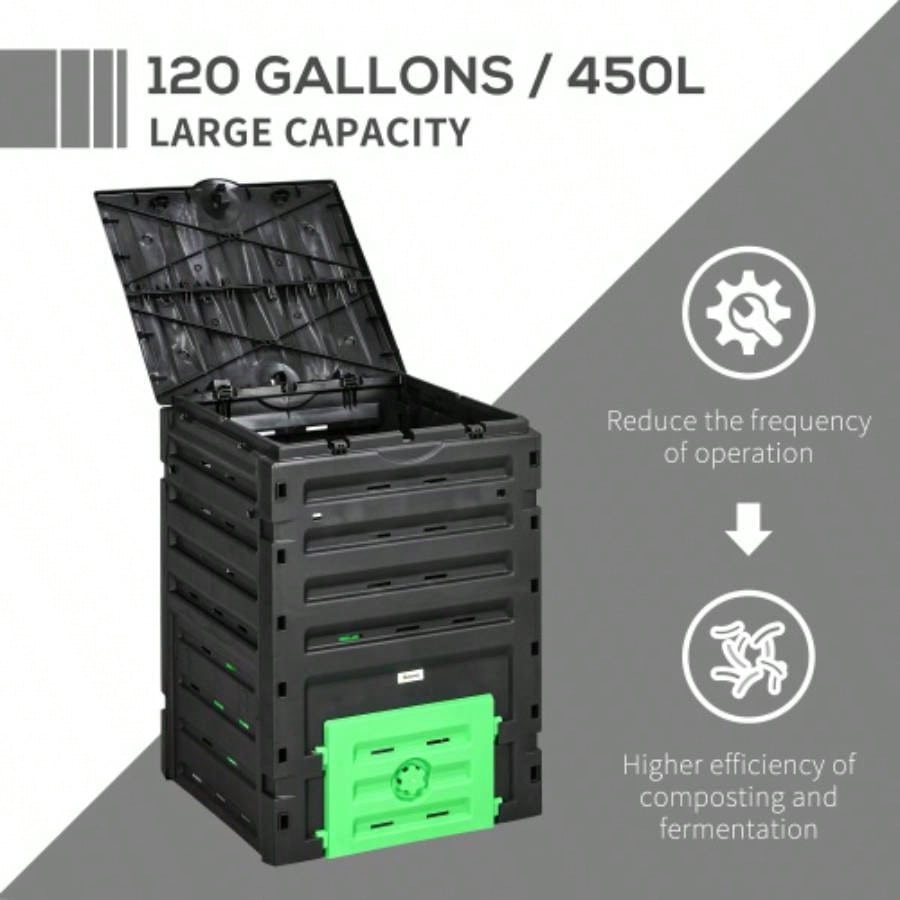 Outsunny Garden Compost Bin, 120 Gallon 450L Garden Composter, with 80 Vents and 2 Sliding Doors, Lightweight Sturdy, Fast Creation of Fertile Soil, Black