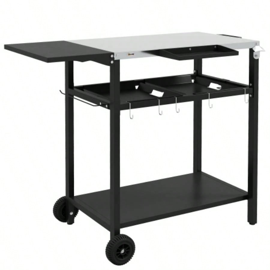Outsunny Outdoor Bar Cart with Stainless Steel Tabletop, Kitchen Island with Wheels, 2 Tiers Seasoning Shelf, Patio Serving Cart with Hooks, Towel Garbage Bag Holder, Plates Spice Jars, Black
