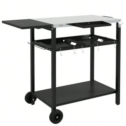 Outsunny Outdoor Bar Cart with Stainless Steel Tabletop, Kitchen Island with Wheels, 2 Tiers Seasoning Shelf, Patio Serving Cart with Hooks, Towel Garbage Bag Holder, Plates Spice Jars, Black