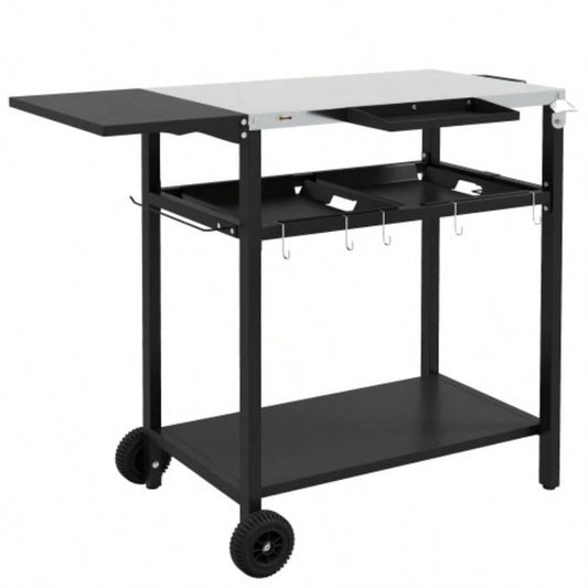 Outsunny Outdoor Bar Cart with Stainless Steel Tabletop, Kitchen Island with Wheels, 2 Tiers Seasoning Shelf, Patio Serving Cart with Hooks, Towel Garbage Bag Holder, Plates Spice Jars, Black