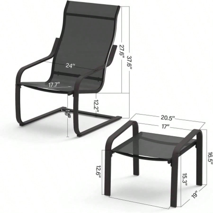 Outdoor Patio Bistro Set of 2, C Spring Motion Chair, All - Weather Conversation Armchair with Ottoman Quick Dry Textile Porch, Deck, Yard, Garden, Lawn1 Chair+1 Ottoman