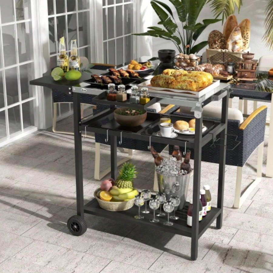 Outsunny Outdoor Bar Cart with Stainless Steel Tabletop, Kitchen Island with Wheels, 2 Tiers Seasoning Shelf, Patio Serving Cart with Hooks, Towel Garbage Bag Holder, Plates Spice Jars, Black