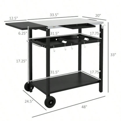 Outsunny Outdoor Bar Cart with Stainless Steel Tabletop, Kitchen Island with Wheels, 2 Tiers Seasoning Shelf, Patio Serving Cart with Hooks, Towel Garbage Bag Holder, Plates Spice Jars, Black