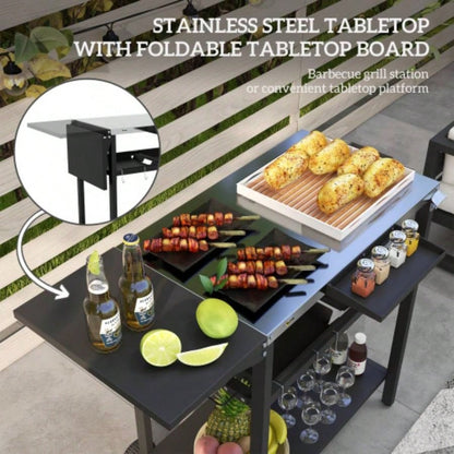 Outsunny Outdoor Bar Cart with Stainless Steel Tabletop, Kitchen Island with Wheels, 2 Tiers Seasoning Shelf, Patio Serving Cart with Hooks, Towel Garbage Bag Holder, Plates Spice Jars, Black
