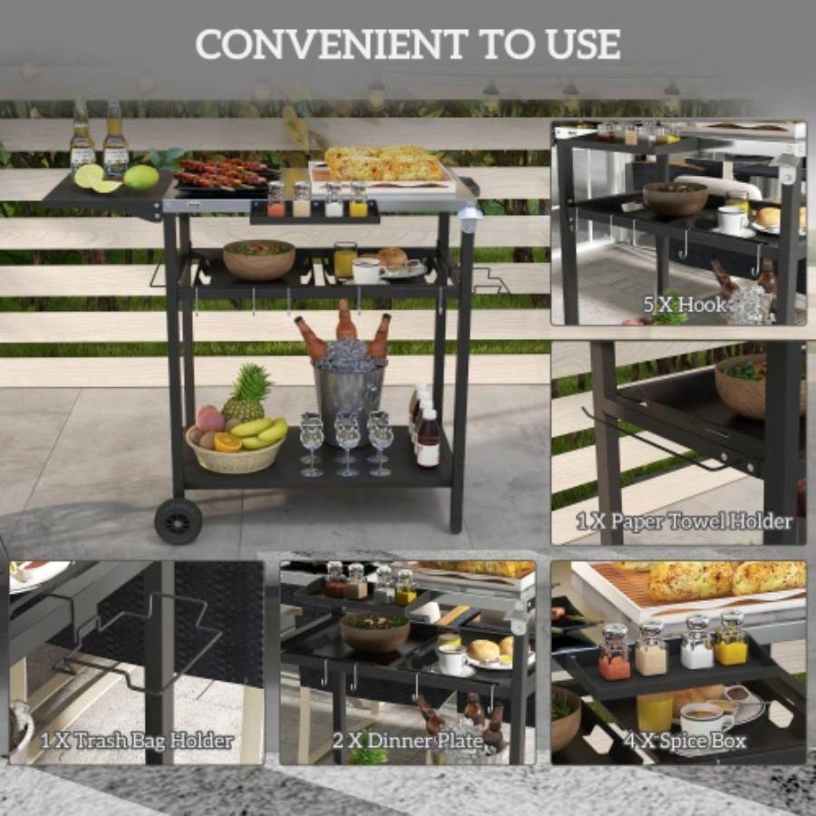 Outsunny Outdoor Bar Cart with Stainless Steel Tabletop, Kitchen Island with Wheels, 2 Tiers Seasoning Shelf, Patio Serving Cart with Hooks, Towel Garbage Bag Holder, Plates Spice Jars, Black