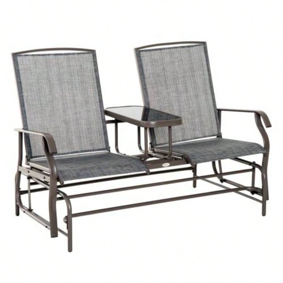Outsunny Outdoor Glider with Center Table, Metal Frame Patio Loveseat with Breathable Mesh Fabric and Armrests Backyard Garden Porch, Gray