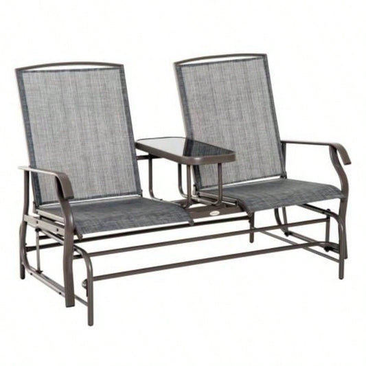 Outsunny Outdoor Glider with Center Table, Metal Frame Patio Loveseat with Breathable Mesh Fabric and Armrests Backyard Garden Porch, Gray