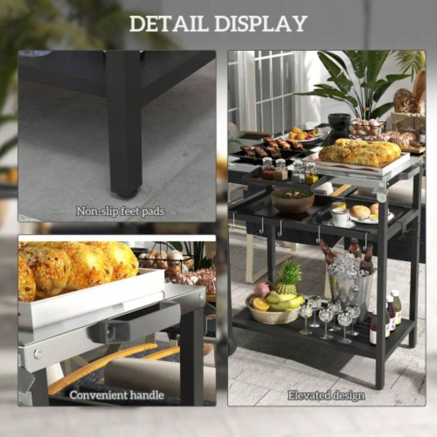 Outsunny Outdoor Bar Cart with Stainless Steel Tabletop, Kitchen Island with Wheels, 2 Tiers Seasoning Shelf, Patio Serving Cart with Hooks, Towel Garbage Bag Holder, Plates Spice Jars, Black