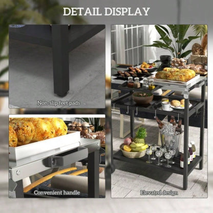 Outsunny Outdoor Bar Cart with Stainless Steel Tabletop, Kitchen Island with Wheels, 2 Tiers Seasoning Shelf, Patio Serving Cart with Hooks, Towel Garbage Bag Holder, Plates Spice Jars, Black