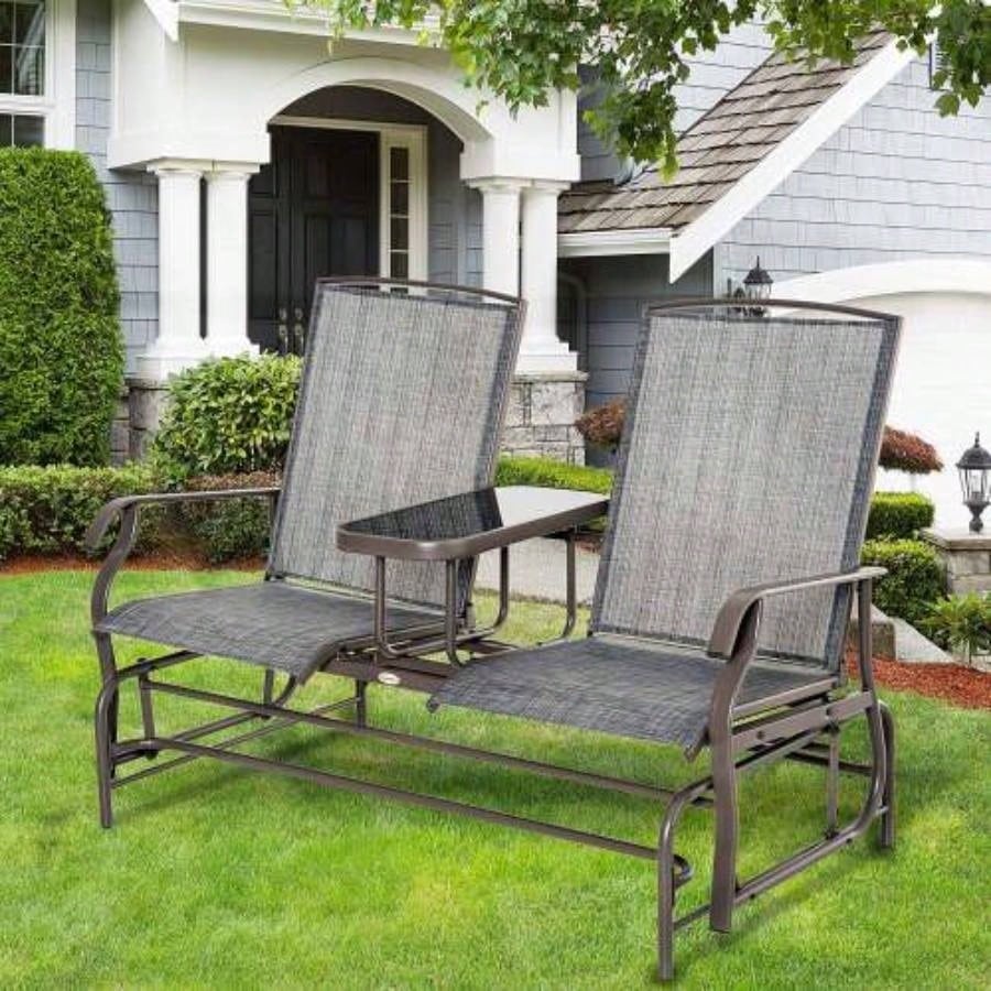 Outsunny Outdoor Glider with Center Table, Metal Frame Patio Loveseat with Breathable Mesh Fabric and Armrests Backyard Garden Porch, Gray