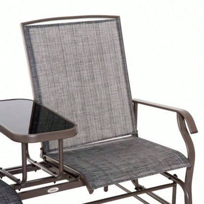 Outsunny Outdoor Glider with Center Table, Metal Frame Patio Loveseat with Breathable Mesh Fabric and Armrests Backyard Garden Porch, Gray