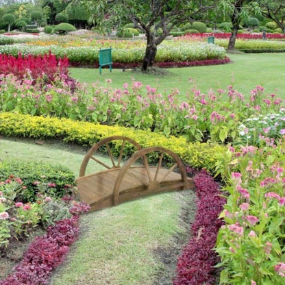 Outsunny 3.3ft Wooden Garden Bridge Footbridge with Half - Wheel Style Railings Solid Fir Construction, Stained Wood