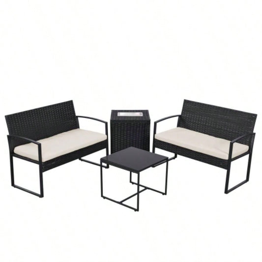 4 Piece Outdoor PE Wicker Furniture Set, Patio Black Rattan Sectional Sofa Couch with Washable Cushions