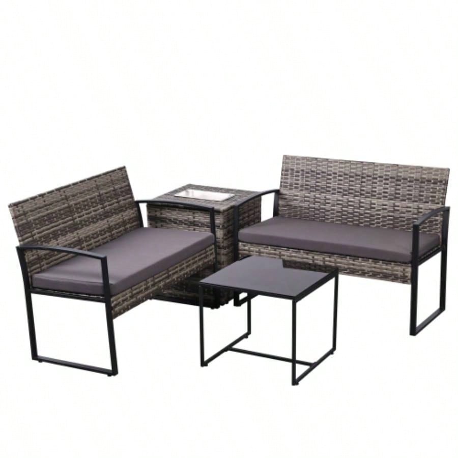 4 Piece Outdoor PE Wicker Furniture Set, Patio Gray Rattan Sectional Sofa Couch with Washable Cushions