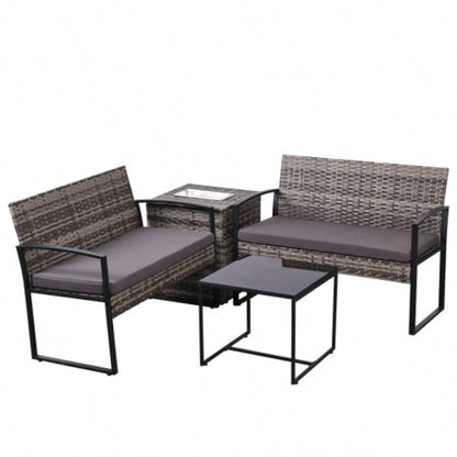 4 Piece Outdoor PE Wicker Furniture Set, Patio Gray Rattan Sectional Sofa Couch with Washable Cushions