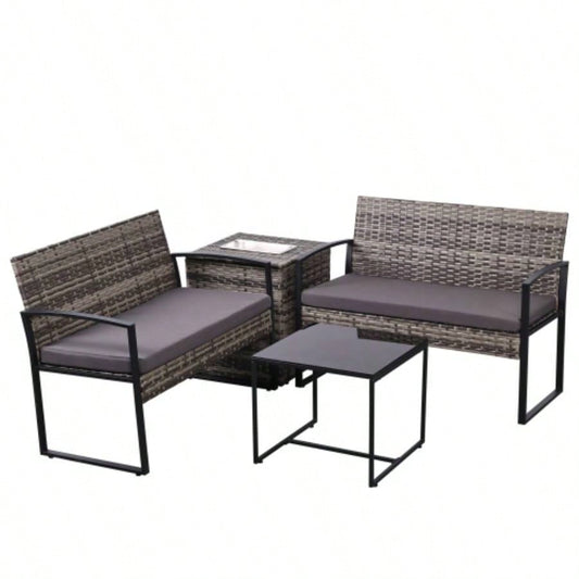 4 Piece Outdoor PE Wicker Furniture Set, Patio Gray Rattan Sectional Sofa Couch with Washable Cushions