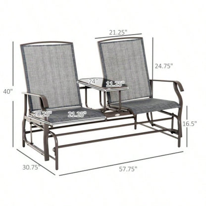 Outsunny Outdoor Glider with Center Table, Metal Frame Patio Loveseat with Breathable Mesh Fabric and Armrests Backyard Garden Porch, Gray