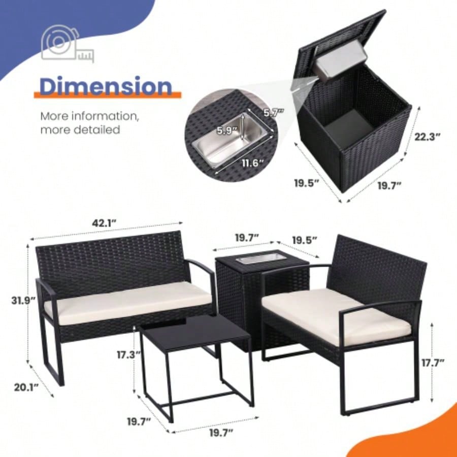4 Piece Outdoor PE Wicker Furniture Set, Patio Black Rattan Sectional Sofa Couch with Washable Cushions