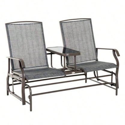 Outsunny Outdoor Glider with Center Table, Metal Frame Patio Loveseat with Breathable Mesh Fabric and Armrests Backyard Garden Porch, Gray