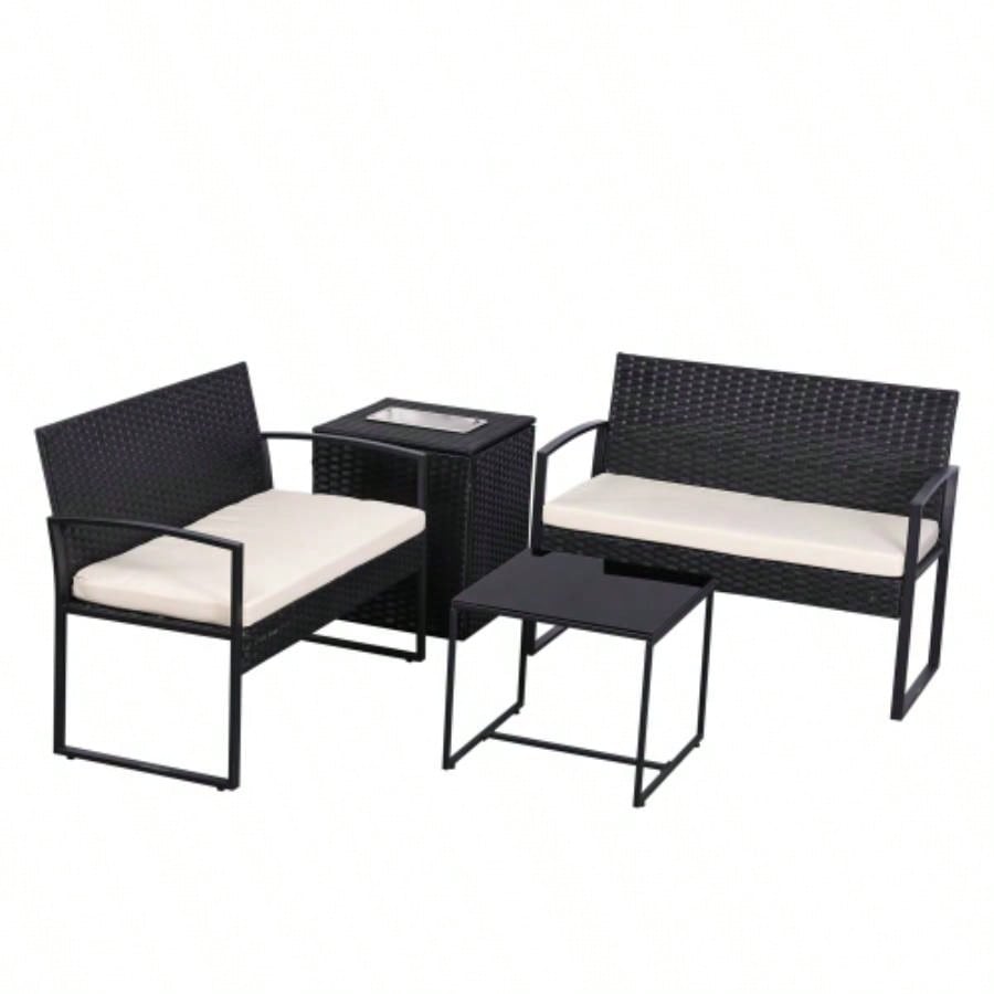 4 Piece Outdoor PE Wicker Furniture Set, Patio Black Rattan Sectional Sofa Couch with Washable Cushions