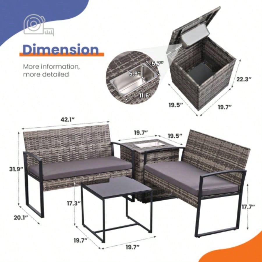 4 Piece Outdoor PE Wicker Furniture Set, Patio Gray Rattan Sectional Sofa Couch with Washable Cushions
