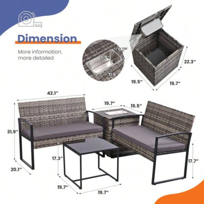 4 Piece Outdoor PE Wicker Furniture Set, Patio Gray Rattan Sectional Sofa Couch with Washable Cushions