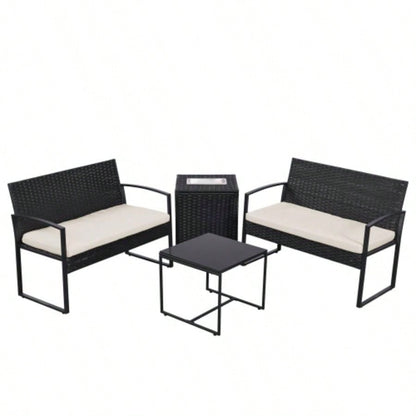 4 Piece Outdoor PE Wicker Furniture Set, Patio Black Rattan Sectional Sofa Couch with Washable Cushions