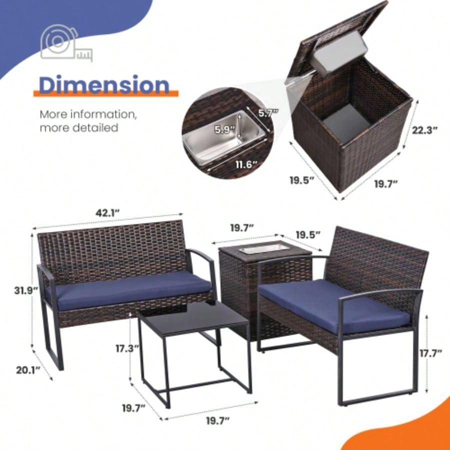 4 Piece Outdoor PE Wicker Furniture Set, Patio Brown Rattan Sectional Sofa Couch with Washable Cushions
