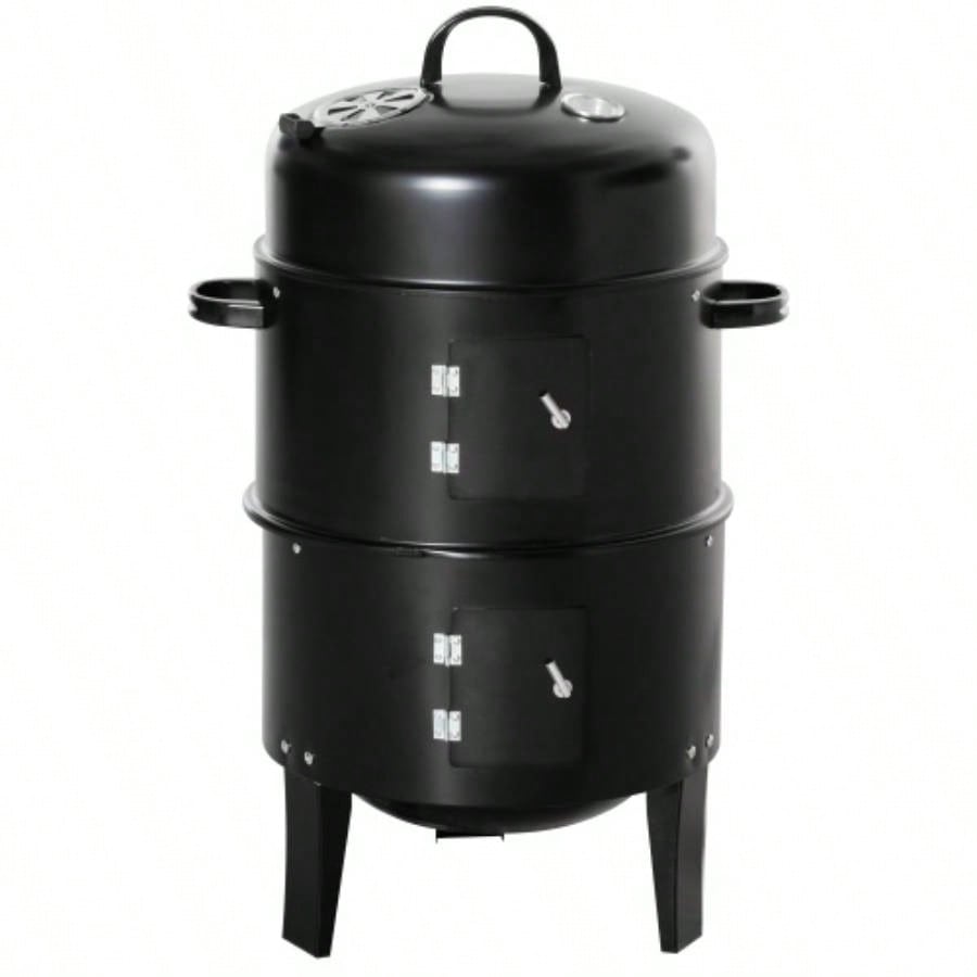 Outsunny Vertical Charcoal BBQ Smoker, 3 - in - 1 16 Round Charcoal Barbecue Grill with 2 Cooking Area, and Thermometer Outdoor Camping Picnic Backyard Cooking, Black