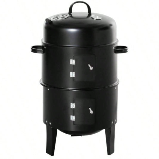 Outsunny Vertical Charcoal BBQ Smoker, 3 - in - 1 16 Round Charcoal Barbecue Grill with 2 Cooking Area, and Thermometer Outdoor Camping Picnic Backyard Cooking, Black