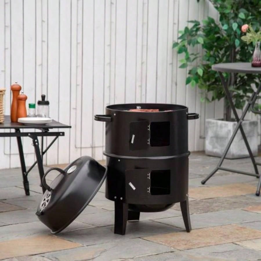 Outsunny Vertical Charcoal BBQ Smoker, 3 - in - 1 16 Round Charcoal Barbecue Grill with 2 Cooking Area, and Thermometer Outdoor Camping Picnic Backyard Cooking, Black