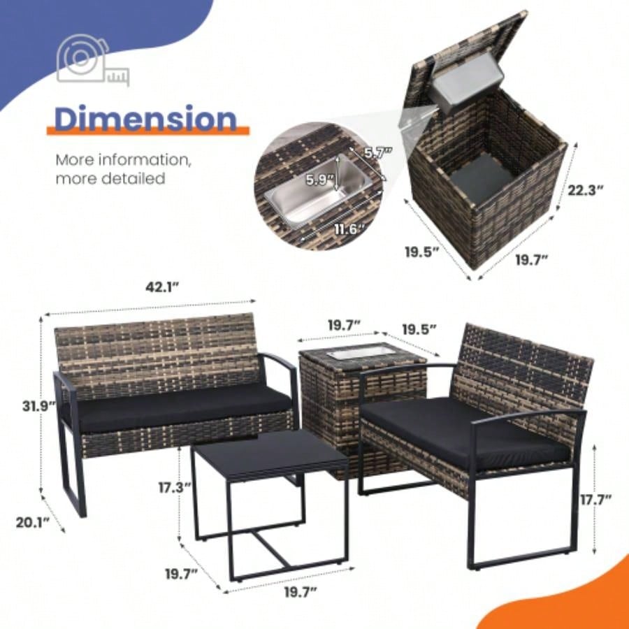 4 Piece Outdoor PE Wicker Furniture Set, Patio yellow Rattan Sectional Sofa Couch with Washable Cushions