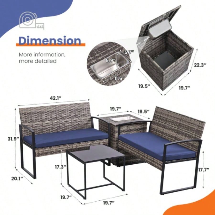4 Piece Outdoor PE Wicker Furniture Set, Patio Gray Rattan Sectional Sofa Couch with Washable Cushions