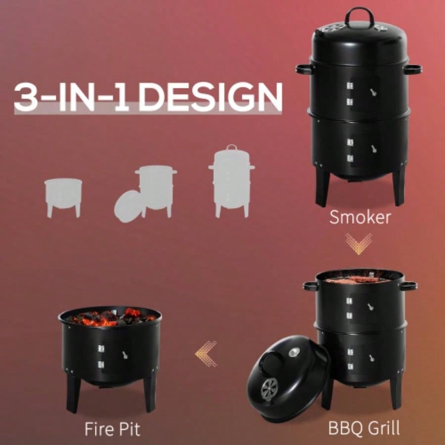 Outsunny Vertical Charcoal BBQ Smoker, 3 - in - 1 16 Round Charcoal Barbecue Grill with 2 Cooking Area, and Thermometer Outdoor Camping Picnic Backyard Cooking, Black