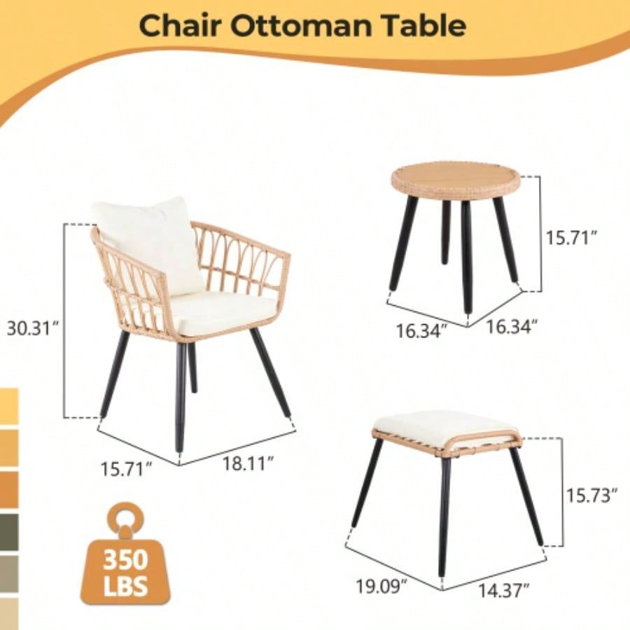 5 Piece Patio Bistro Set with Ottoman, Outdoor Wicker Apartment Balcony Furniture Sets, Rattan Table and Chairs Set of 2 Porch Backyard Deck, Yellow, Beige