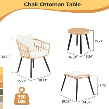 5 Piece Patio Bistro Set with Ottoman, Outdoor Wicker Apartment Balcony Furniture Sets, Rattan Table and Chairs Set of 2 Porch Backyard Deck, Yellow, Beige