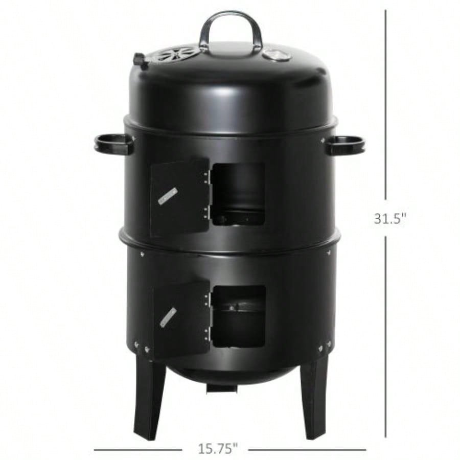 Outsunny Vertical Charcoal BBQ Smoker, 3 - in - 1 16 Round Charcoal Barbecue Grill with 2 Cooking Area, and Thermometer Outdoor Camping Picnic Backyard Cooking, Black