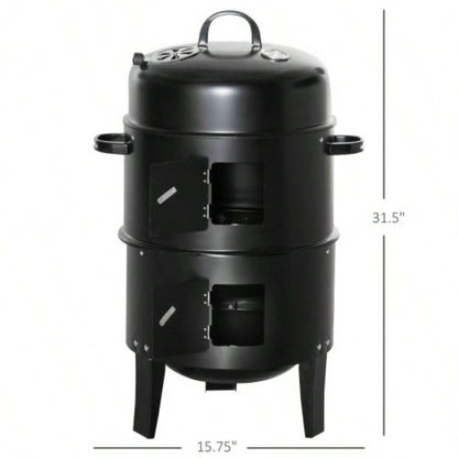 Outsunny Vertical Charcoal BBQ Smoker, 3 - in - 1 16 Round Charcoal Barbecue Grill with 2 Cooking Area, and Thermometer Outdoor Camping Picnic Backyard Cooking, Black