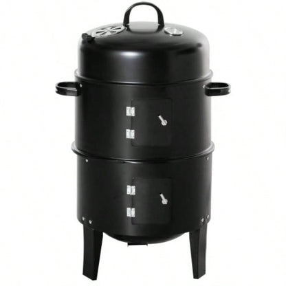Outsunny Vertical Charcoal BBQ Smoker, 3 - in - 1 16 Round Charcoal Barbecue Grill with 2 Cooking Area, and Thermometer Outdoor Camping Picnic Backyard Cooking, Black