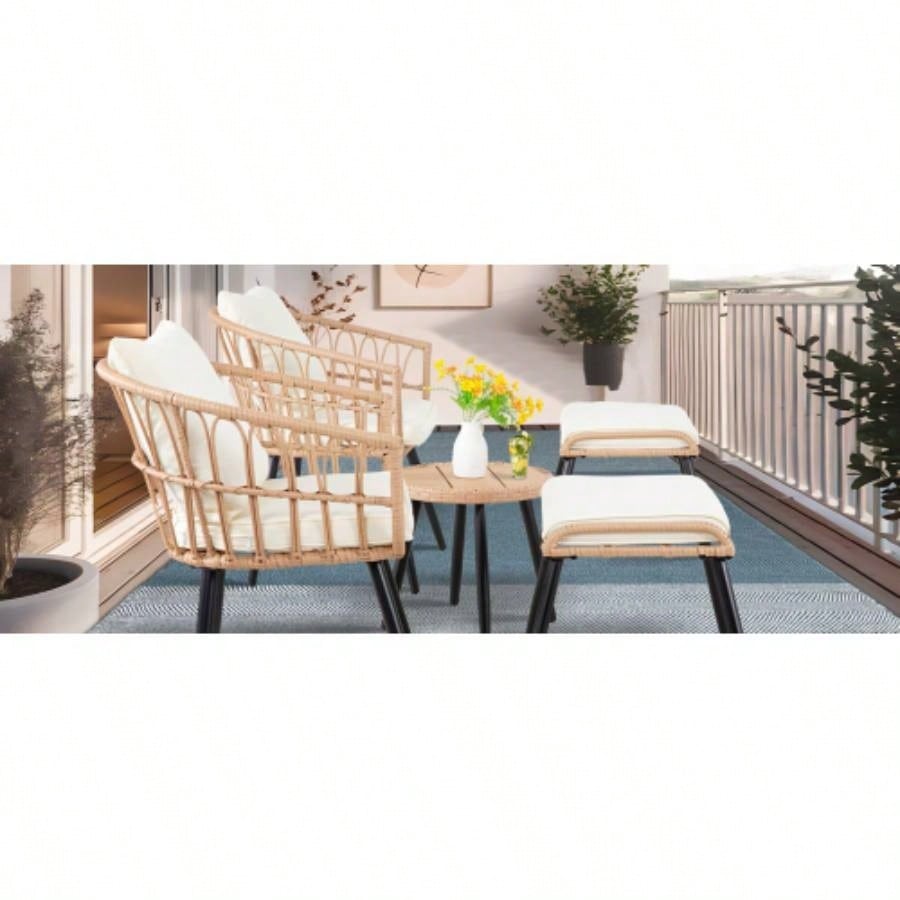5 Piece Patio Bistro Set with Ottoman, Outdoor Wicker Apartment Balcony Furniture Sets, Rattan Table and Chairs Set of 2 Porch Backyard Deck, Yellow, Beige