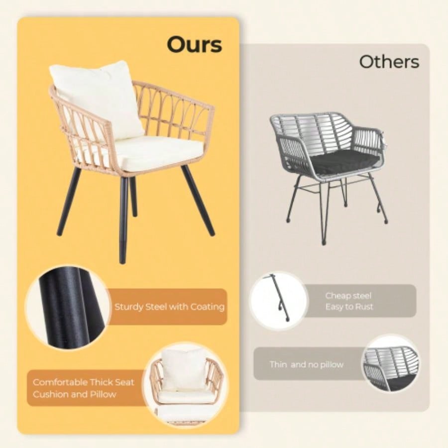 5 Piece Patio Bistro Set with Ottoman, Outdoor Wicker Apartment Balcony Furniture Sets, Rattan Table and Chairs Set of 2 Porch Backyard Deck, Yellow, Beige
