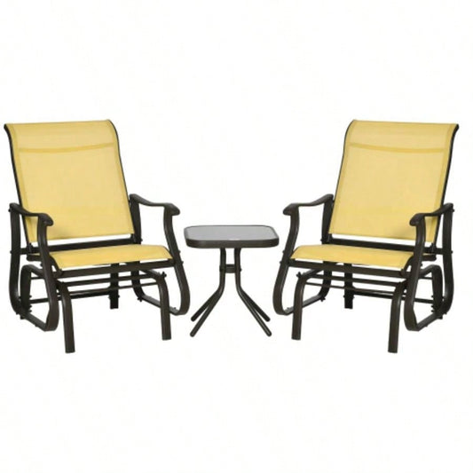 Outsunny 3 - Piece Outdoor Gliders Set Bistro Set with Steel Frame, Tempered Glass Top Table Patio, Garden, Backyard, Lawn, Beige